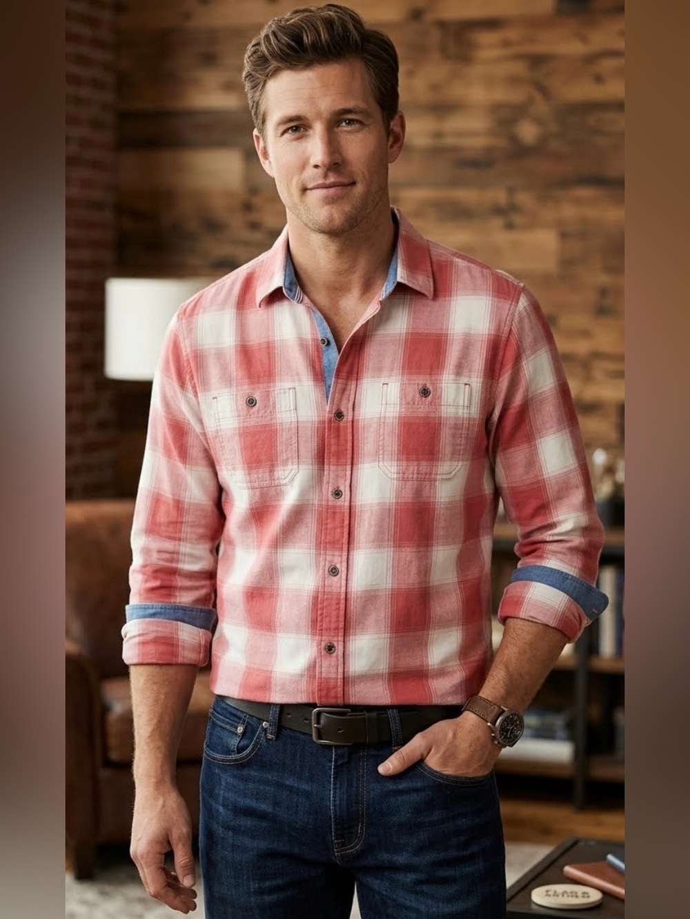 Flag & Anthem Men’s Medium Casual Button Down Shirt with a Buffalo Plaid Pattern